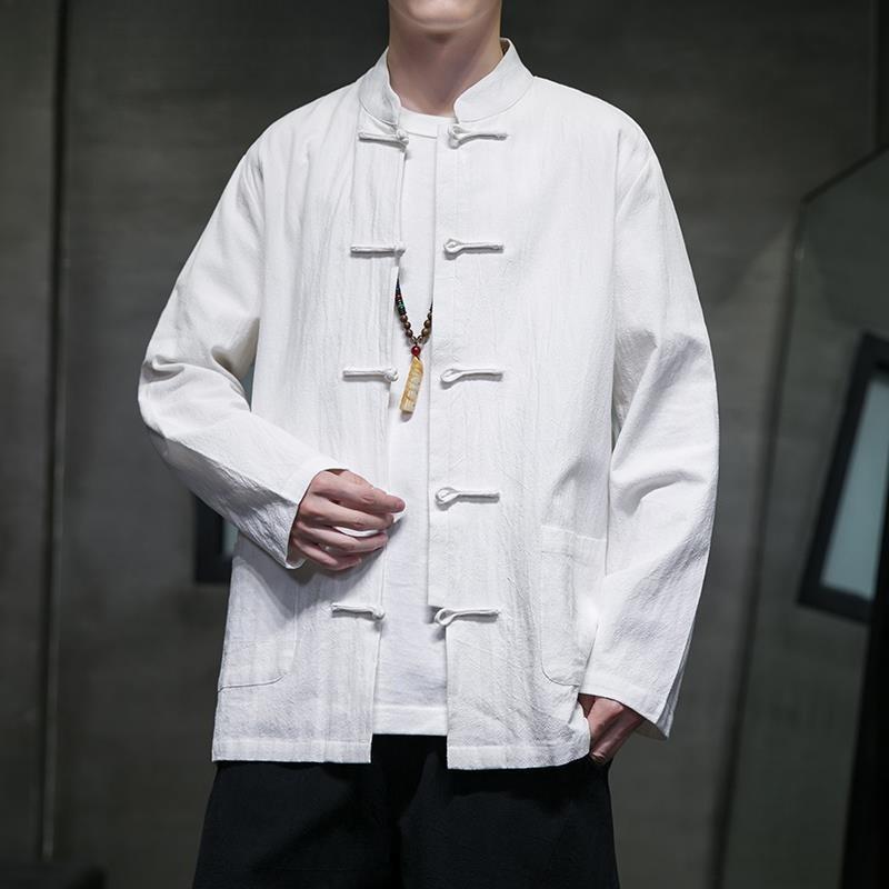 

Chinese Style Men s Cotton Linen Shirt Long Sleeve Stand Collar Tang Suit Coat Button Up Traditional Chinese Fashion Autumn Wear M белый