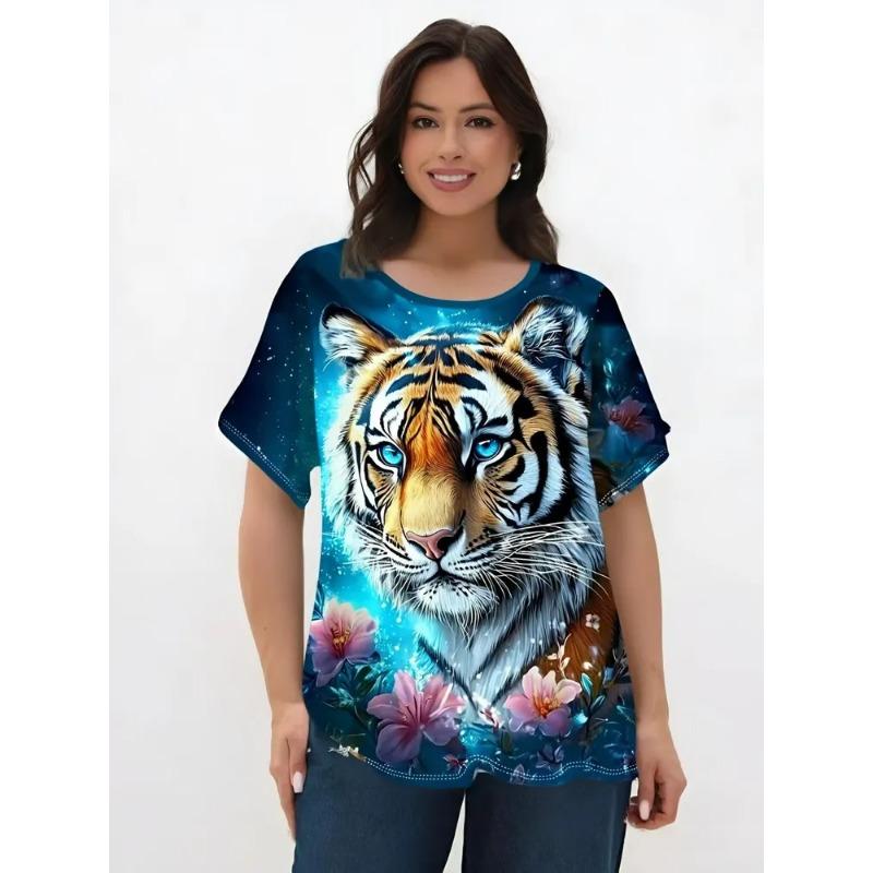 3D Printed Women's Round Neck Tiger Pattern T-shirt Multifunctional Summer Fresh Women's Version T-shirt Breathable Machine Wash Outdoor Top