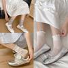 Elegant Hollow Out Breathable Mesh Middle Calf Socks Seamless Cotton Solid Color Ruffle Turn Cuff Crew Socks for Women