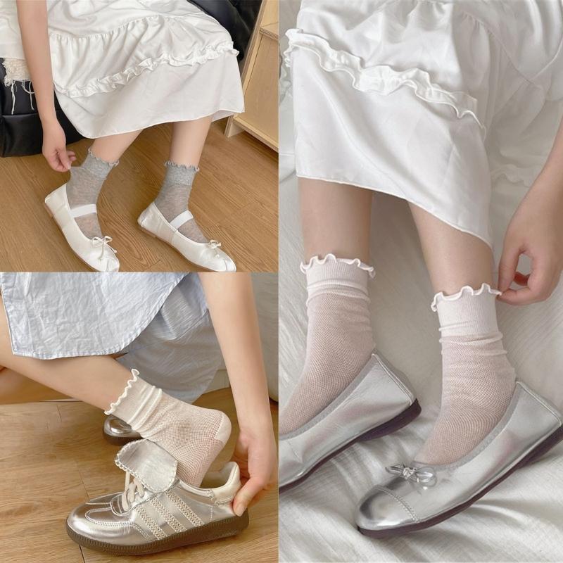 Elegant Hollow Out Breathable Mesh Middle Calf Socks Seamless Cotton Solid Color Ruffle Turn Cuff Crew Socks for Women