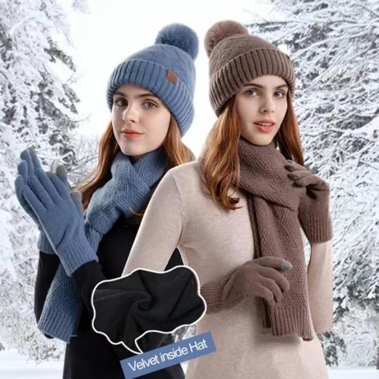 Women's Winter Hat Scarf Gloves Set Faux Fur Pompom Ball Knitted Cap Long Scarf Touch Screen Gloves Set for Cold Weather