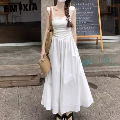 Weißes ärmelloses Tanktop-Kleid für Damen im Sommer-Deluxe-Stil mit quadratischem Kragen und schmaler Taille