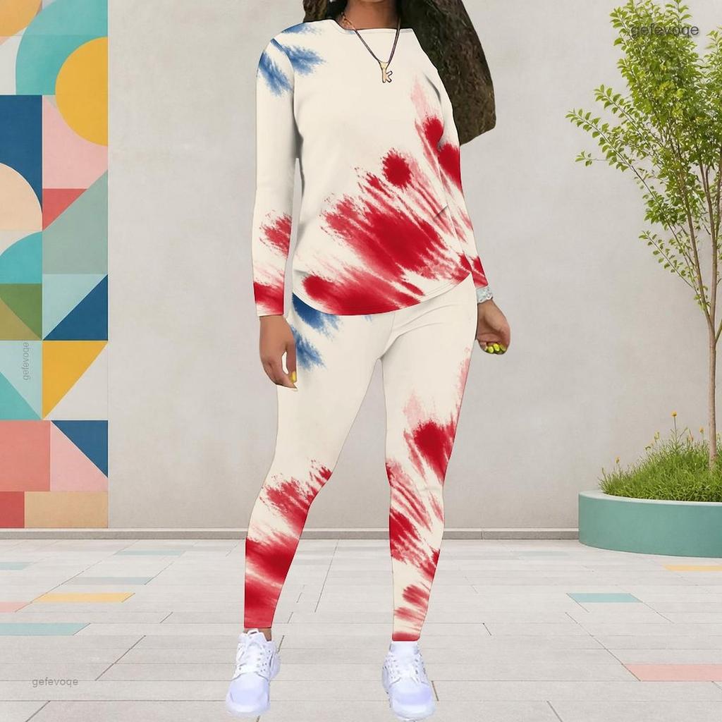 Women Plus Size Round Neck Long Sleeve Printed Top And Fitted Pants Two Piece Set
