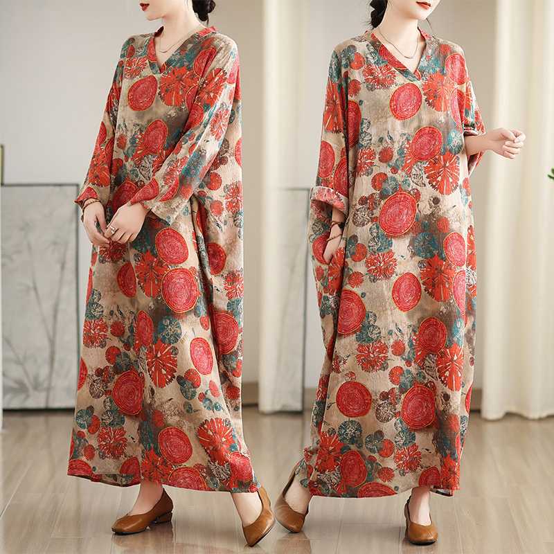 

Colorful Travel V-neck Retro Long Skirt Cotton Linen Dress One size