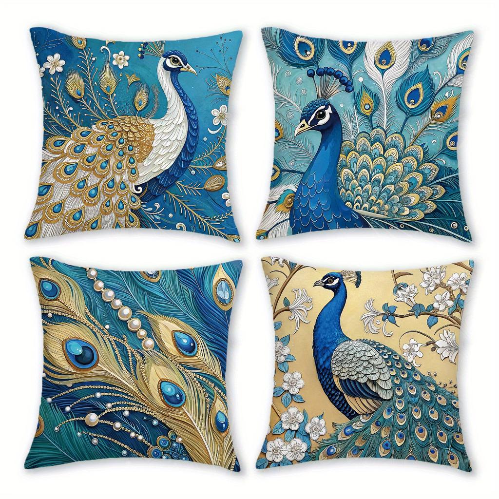 1/4pcs Bohemian Peacock Throw Pillow Covers Vintage Blue Gold Decorative Cushion Cases for Home Living Room Bedroom Sofa