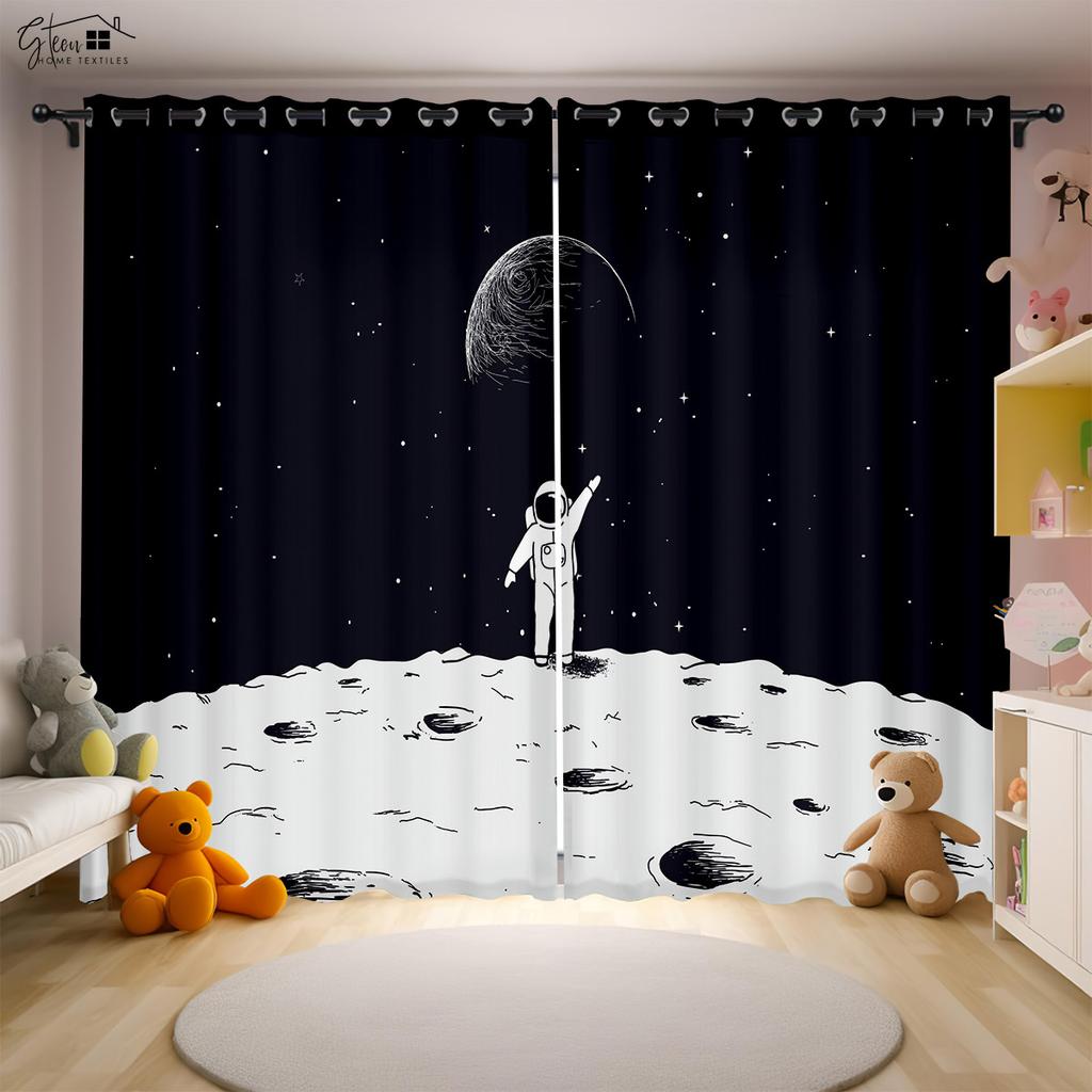 Cartoon Universe Curtains Astronaut Spaceship Rocket Moon Alien Children's Room Children's Bedroom 3D Printing Curtains 2PCS