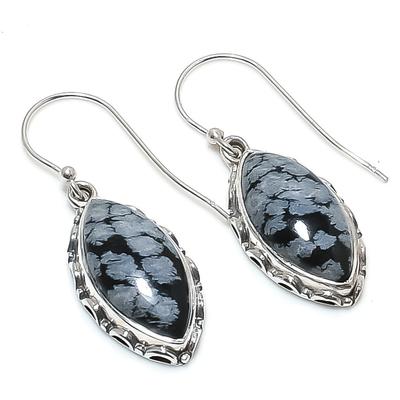Natural Snowflake Obsidian Gemstone 925 Solid Sterling Silver Earring 1.50" q1K00