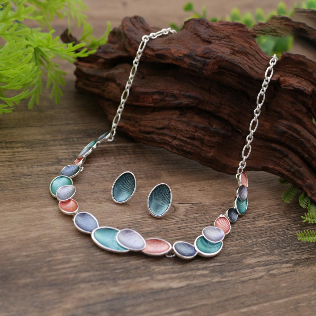 New Color Painting Oil Oval Petal Stud Earrings Necklace Set Women's Versatile Flower Stud Earrings Necklace Set