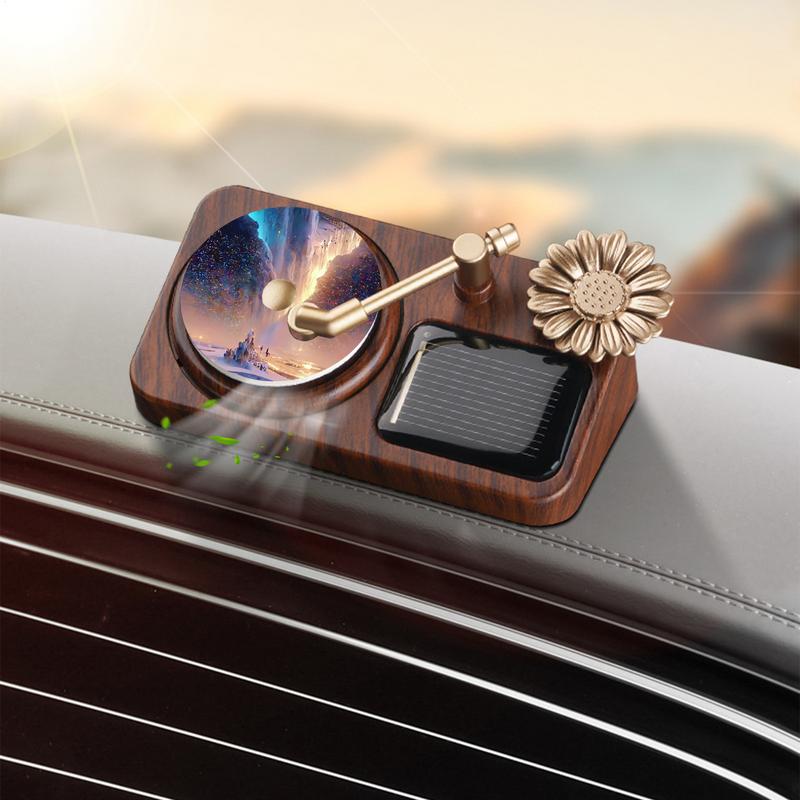 Record Player Air Freshener Rotating Diffuser Car Solar Air Freshener Odor Removal Adhesive Mounting Dashboard Ornament For