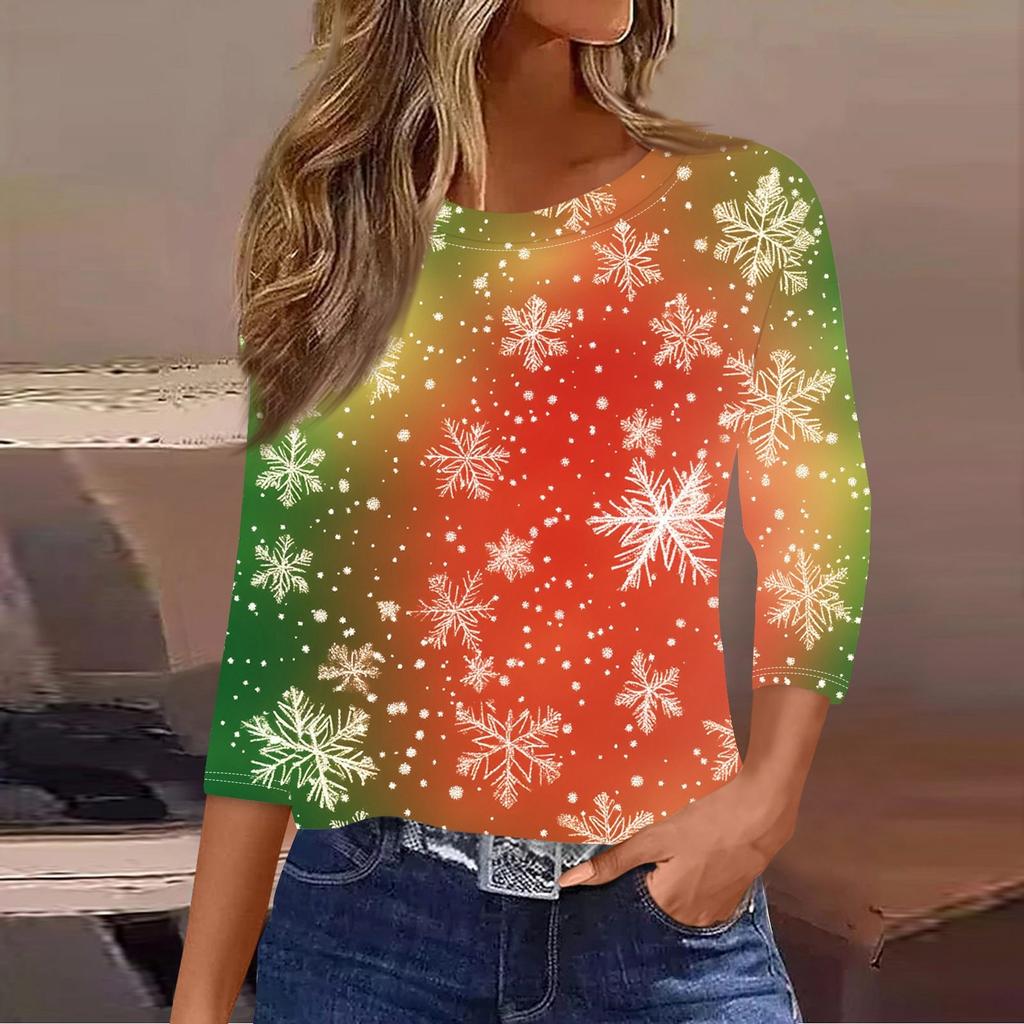 Dámská vánoční košile s kulatým výstřihem a potištěným sedmičtvrtečním rukávem.