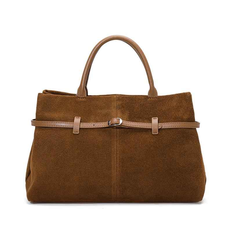 Echte Lederhandtasche, mattierte Rindsleder-Tragetasche für Damen, geräumige Pendler-Aktentasche, Umhängetasche mit flachem