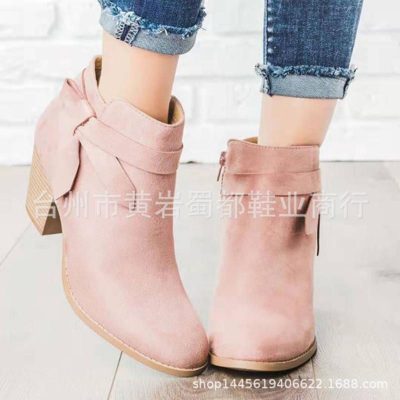 Autumn and Winter New Thick Heel Side Zipper Round Head Bow Martin Boots Women's Large Size and Ankle Boots