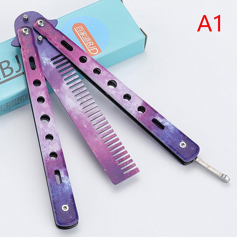 1Pcs Stainless Steel Butterfly Knife Comb Beard Moustache Brush Foldable Comb Salon Hairdressing Styling Tool
