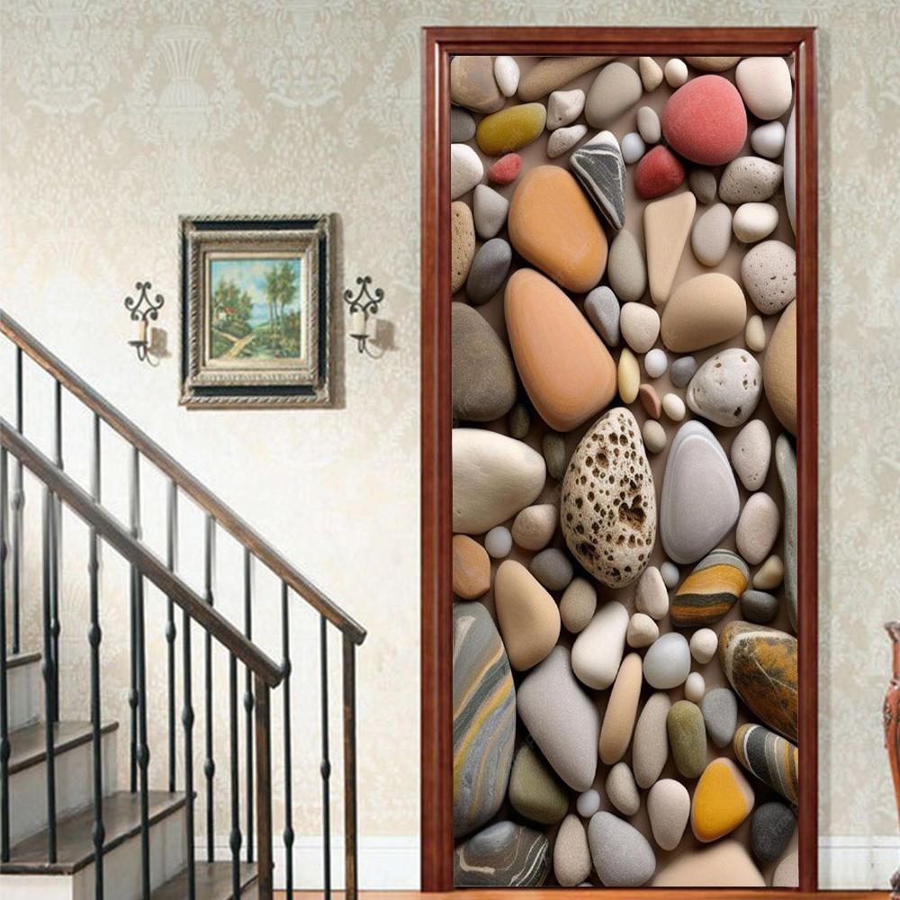 1 Stück Kieselsteinlandschaft Veranda Vinyl Türsticker für Schlafzimmer Heimdeko Selbstklebend Abnehmbares Wandtattoo Türrenovierung Wasserdichtes Poster