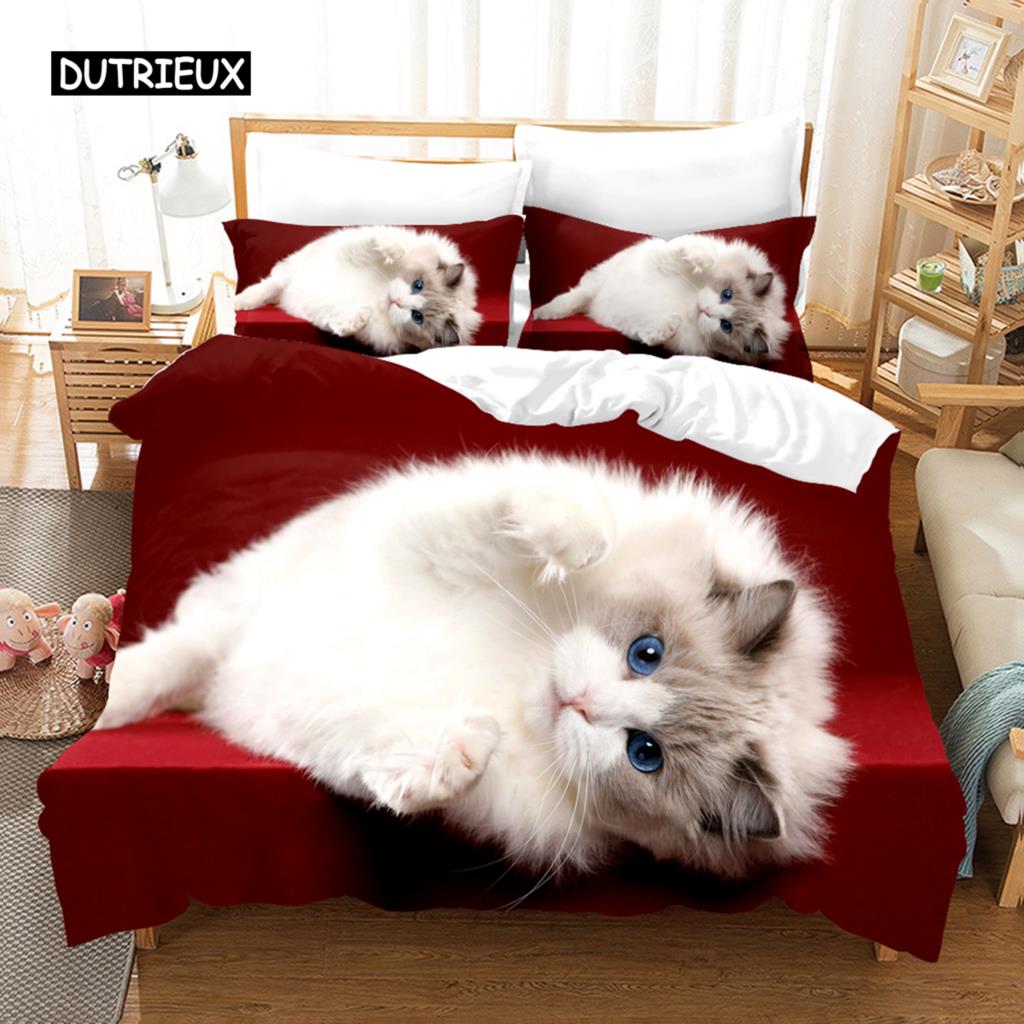 Duvet Cover 3D Cute Cat Dog Print Bedding Set Cute Duvet Cover Wild Animal Tribal Bed Cover Women Girls Kid Bedroom Decoration