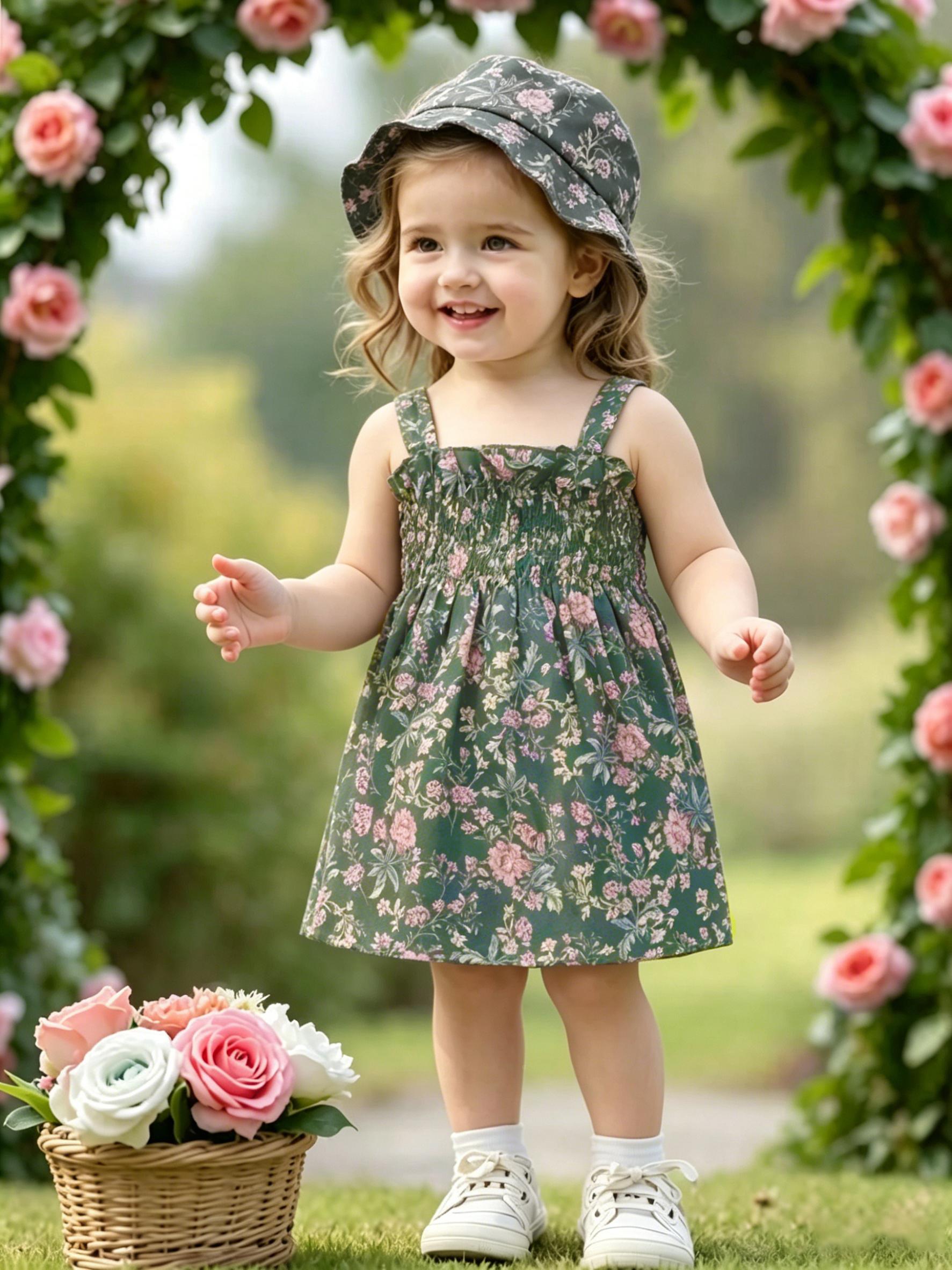 Summer Toddler Girls Floral Spaghetti Strap Dress, Loose Country Vacation Princess Dress 1-2Y