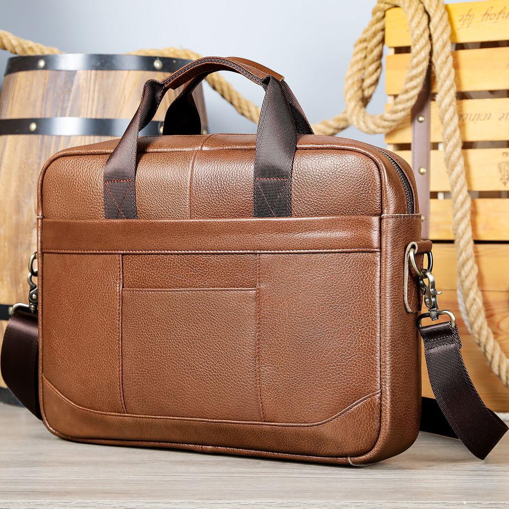 Men's Handbag 100% Genuine Leather Business Briefcase Large Capacity Cowhide Shoulder Crossbody Bag 14 Inch Laptop Bag