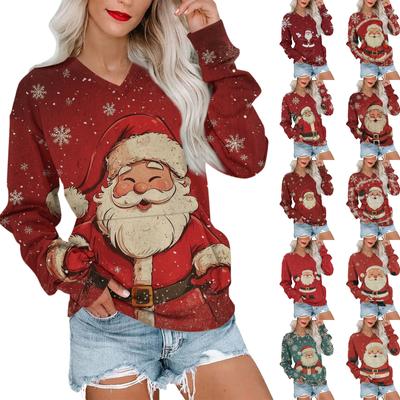 Weihnachts-Sweatshirt für Damen mit V-Ausschnitt, langärmelig, lässig, leicht