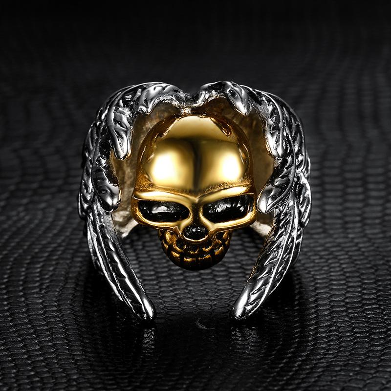 S925 Silver Ring, Travel Domineering Retro Ring, Men's Skull and Wings Ring, Gold Motorcycle Men's Ring