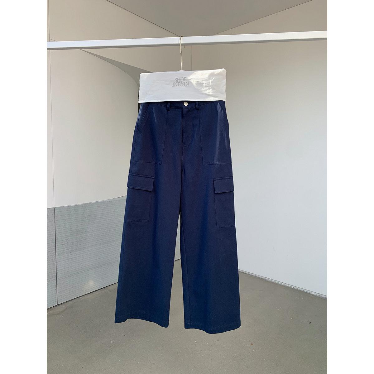 YI EN OU Women s American Retro High-Waist Cargo Pants - Loose Slimming Fit, Multi-Pocket Design Medium синий