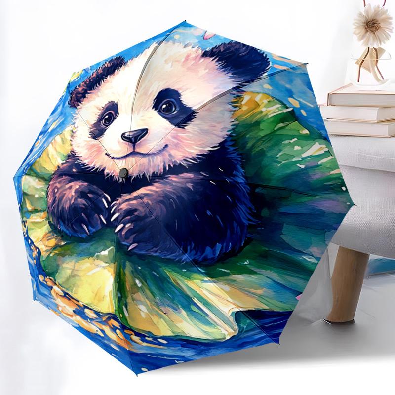 

1pc Automatic Open/Close Umbrella with 8-Rib Heavy-Duty Windproof Frame, Automatic Folding Compact Portable Canopy - Cute Pand (as the picture,Iron&8K)