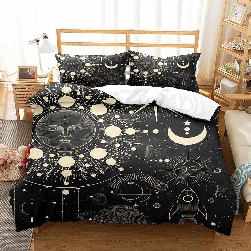 Sonne Mond Bettbezug KingQueen Größe, Galaxie Boho Exotisches Bettwäscheset Schwarz Gold Astrologie Himmlisch Polyester Steppdecke