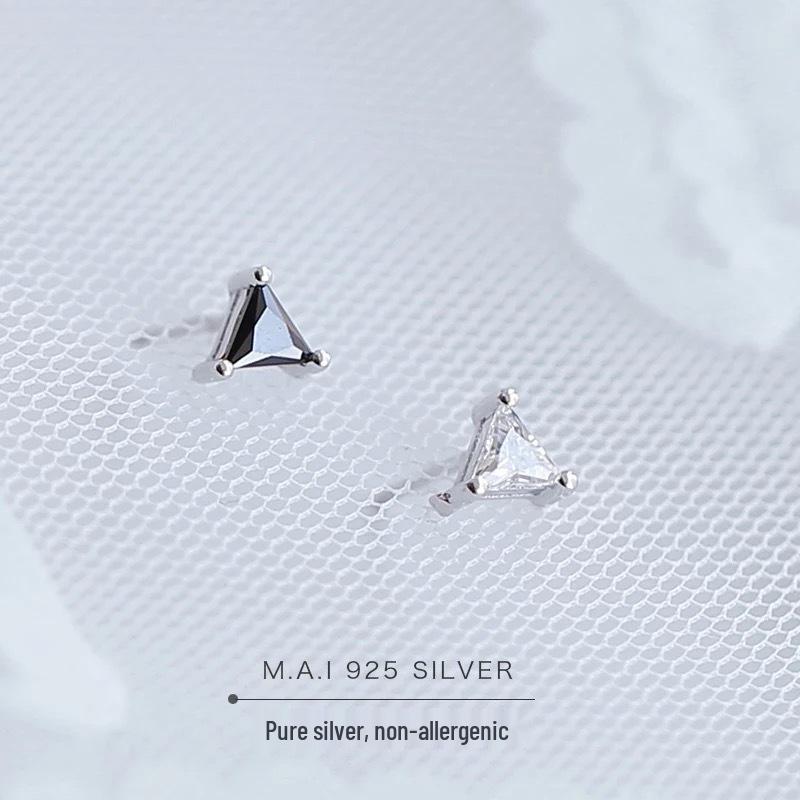 Beixi S925 Sterling Silver Geometric Triangle Earrings with Black & White Zircon for Men and Women S925 Silver
