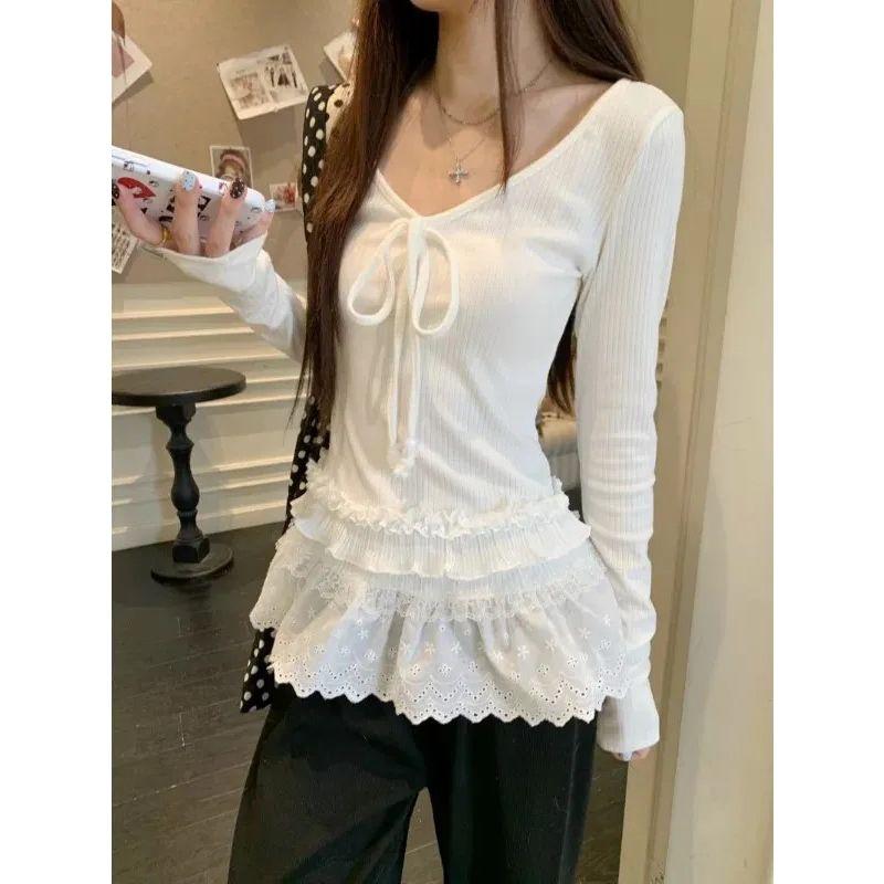 Plus-Size Sweet Style Lace Patchwork Lace-Up Long-Sleeve Top T-Shirt for Women, New Autumn and Winter V-Neck White Base Shirt