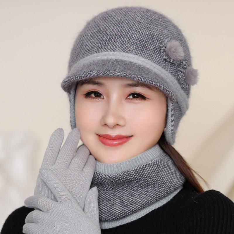 Elderly Hat Scarf Set Women Winter Double Warm Ear Protection Wool Hat Cold Knitted Cap