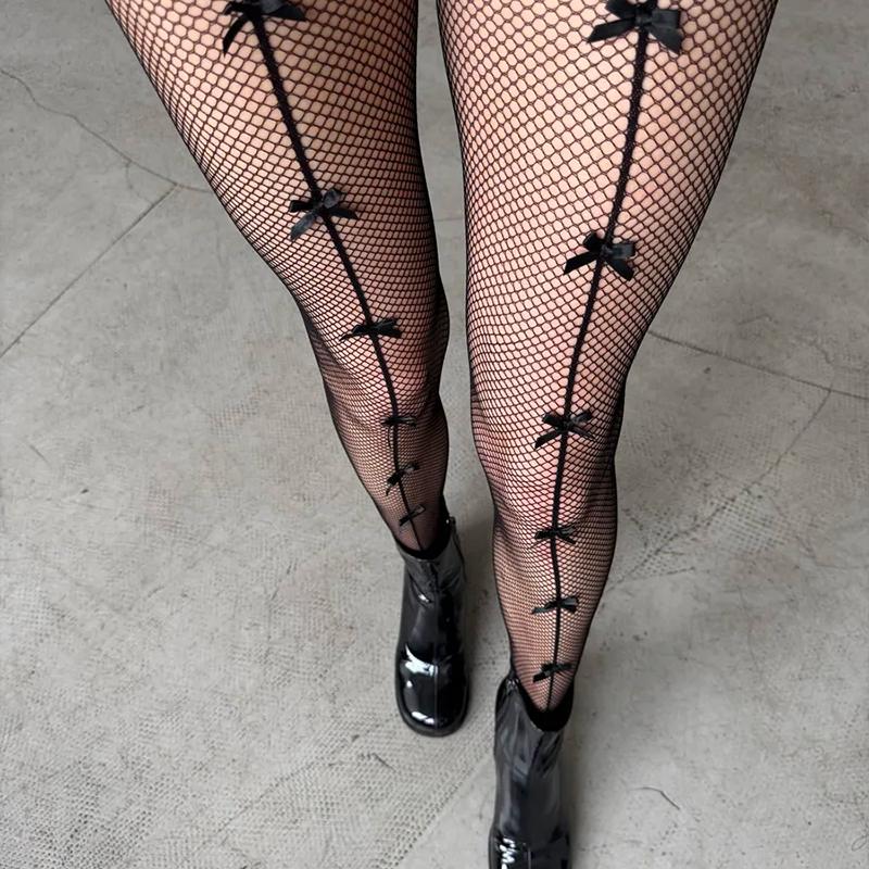 Sexy Crystal Line Fishnet Tights Women Bow Tie Patterned Tights Lace Fish Net Stockings High Waist Gothic Party Pantyhose