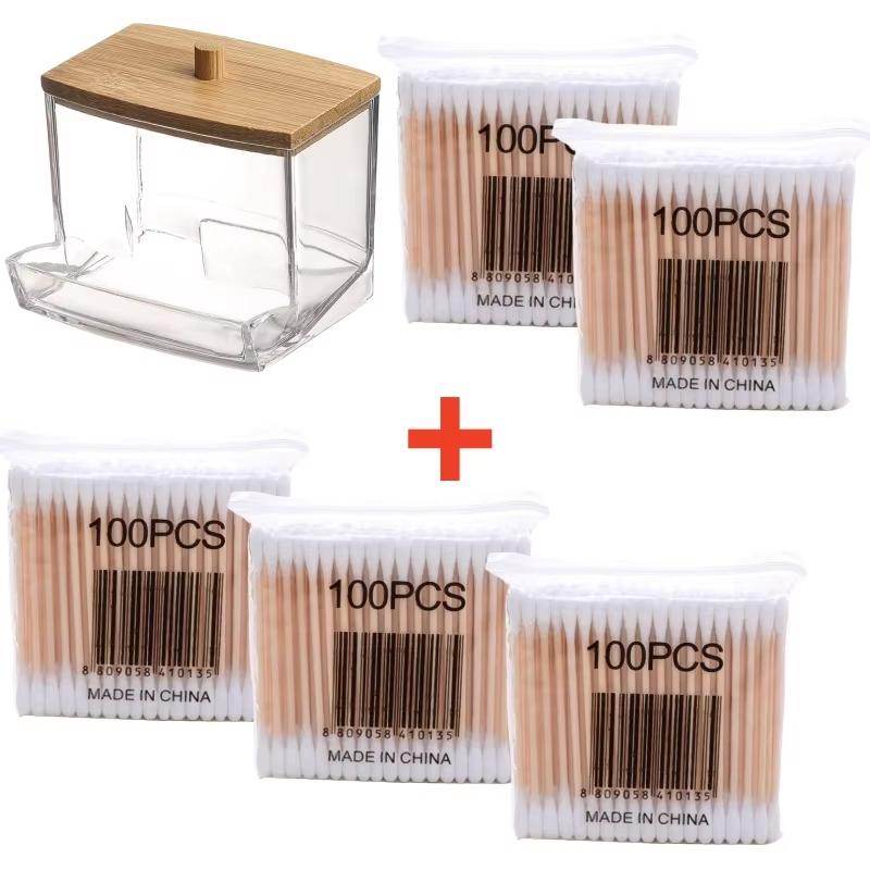 1 szt. Pojemnik na waciki bawełniane, Dozownik wacików bawełnianych z bambusowymi pokrywkami, Bambusowe słoiki do przechowywania w łazience, Pojemniki do przechowywania, Przezroczysty plastik
