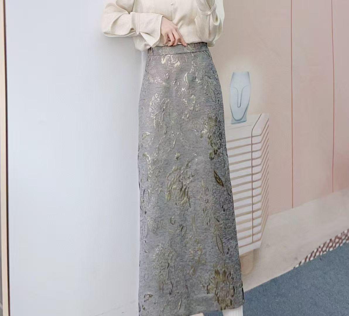 2026 Early Spring Fashion High Waist Jacquard Slimming Long Skirt for Petites Large серый/золотой