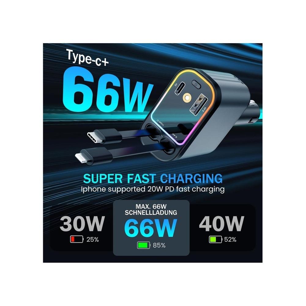 Car Charger with Starlight 66W USB C Fast Car Chargers Adapter 4 in 1 Retractable Car Charger with 2 USB Ports Car Phone Chargers for iPhone 16/15/14