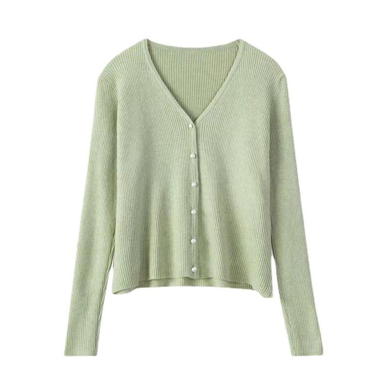 Vintage knitted cardigan top women's autumn and winter solid color pearl buckle loose sweater jacket commuter style