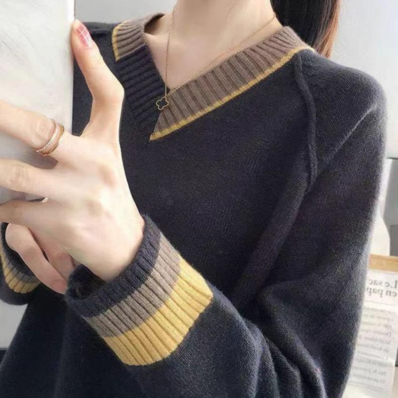 Sweater Women's Japanese Korean Casual Contrasting Color V-neck Pullover Long Sleeved Fashion Base Knit Sweater Women's Interior