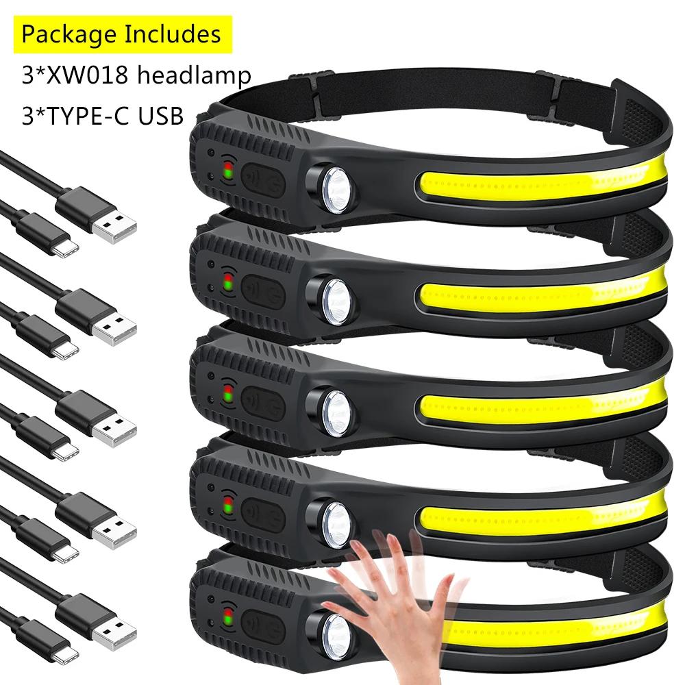Induction Headlamp COB LED Sensor Head Lamp Built-in Battery Flashlight USB Rechargeable Head Torch 5 Lighting Modes Headlight