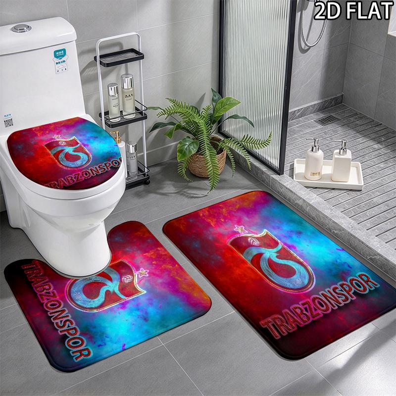 3pcs Trabzonspor2 Pattern Flannel Nonslip Absorbent Washable Decorative Bathroom Home Toilet Seat Cover Mat