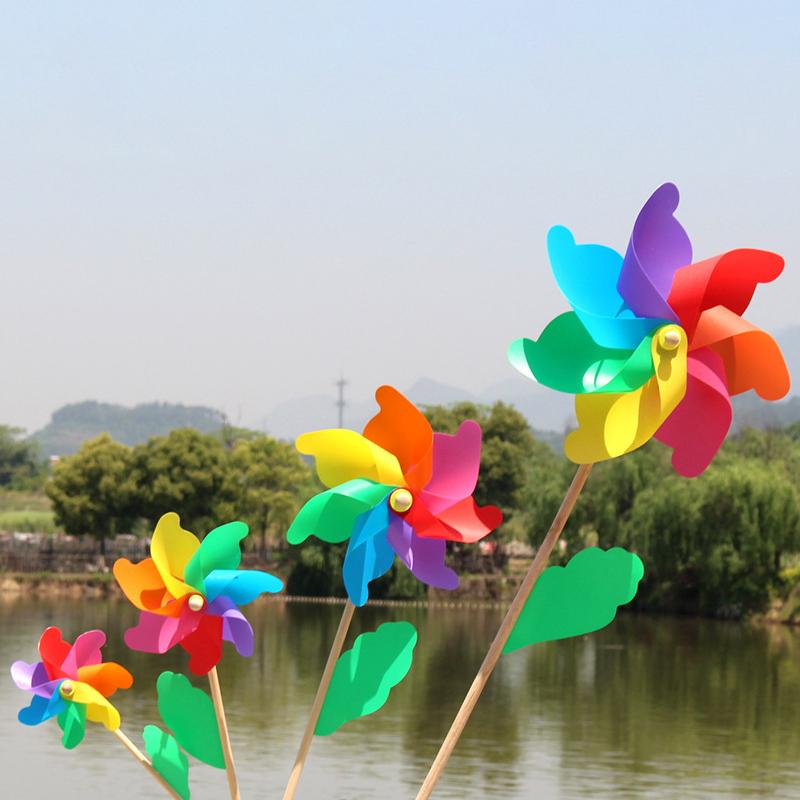1 Piece 14/18/24/32Cm Wooden Pole Seven Leaf Colorful Diy Windmill Garden Yard Party Outdoor Wind Spinner Ornament Kids Toys