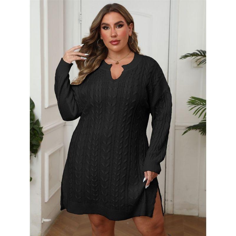 

Women Dress Ladies Sweater Sweater Clothes V-neck Twist Woven Sweater Autumn and Winter Sweater Dress Black 3XL