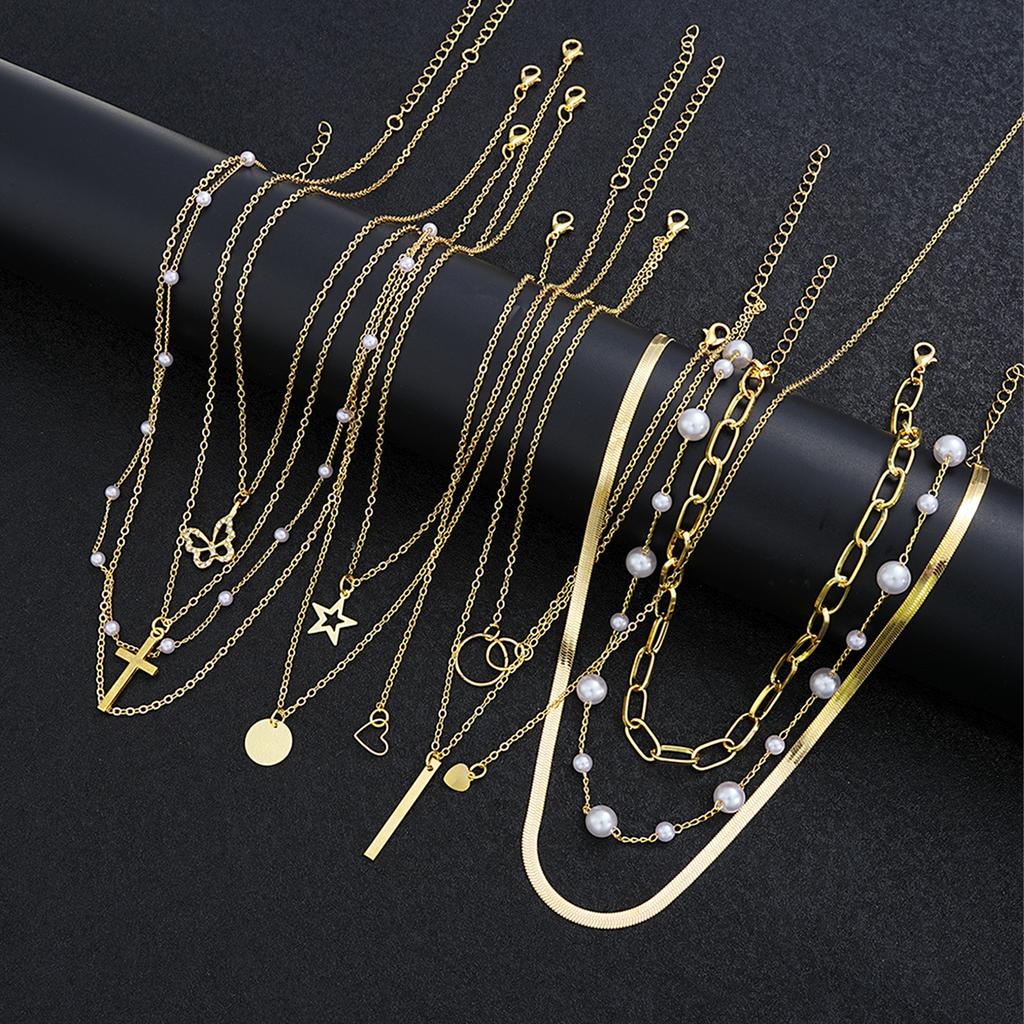 11 Pcs Simple Pearl Choker Necklaces Set for Women Fashion Layered Chain Star Cross Heart Pendant Charms Necklace Jewelry Gifts