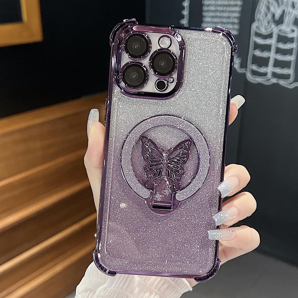 Vier Ecken Airbag Sturzsicher für Apple 16PROMAX Handyhülle für Apple 15 Farbverlauf Glitzer 14 Schmetterling Ständer Hülle