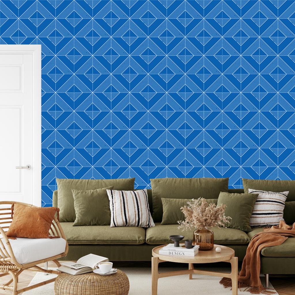 Geometric Rhombus Wallpaper, Blue, Fine Detail, 50x1000