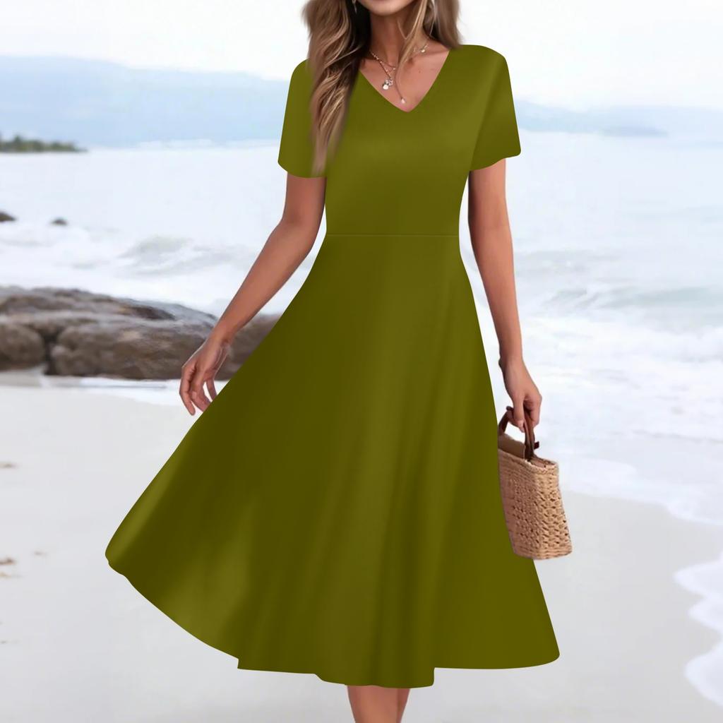 Dámské letní ležérní módní potištěné kapsy s krátkým rukávem V-výstřih volné šaty