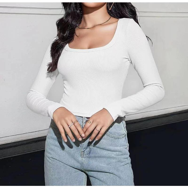 Womens Square Neck Ribbed Knit Long Sleeve Crop Top Casual Solid Color Fitted Blouse S
