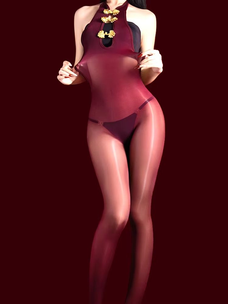 Fashion Women Backless Open Crotch Bodysuit Hollow Out Jumpsuit Oil Shiny Glossy Elastic Tight 5D 912 Pin Bandage Maid Leotard