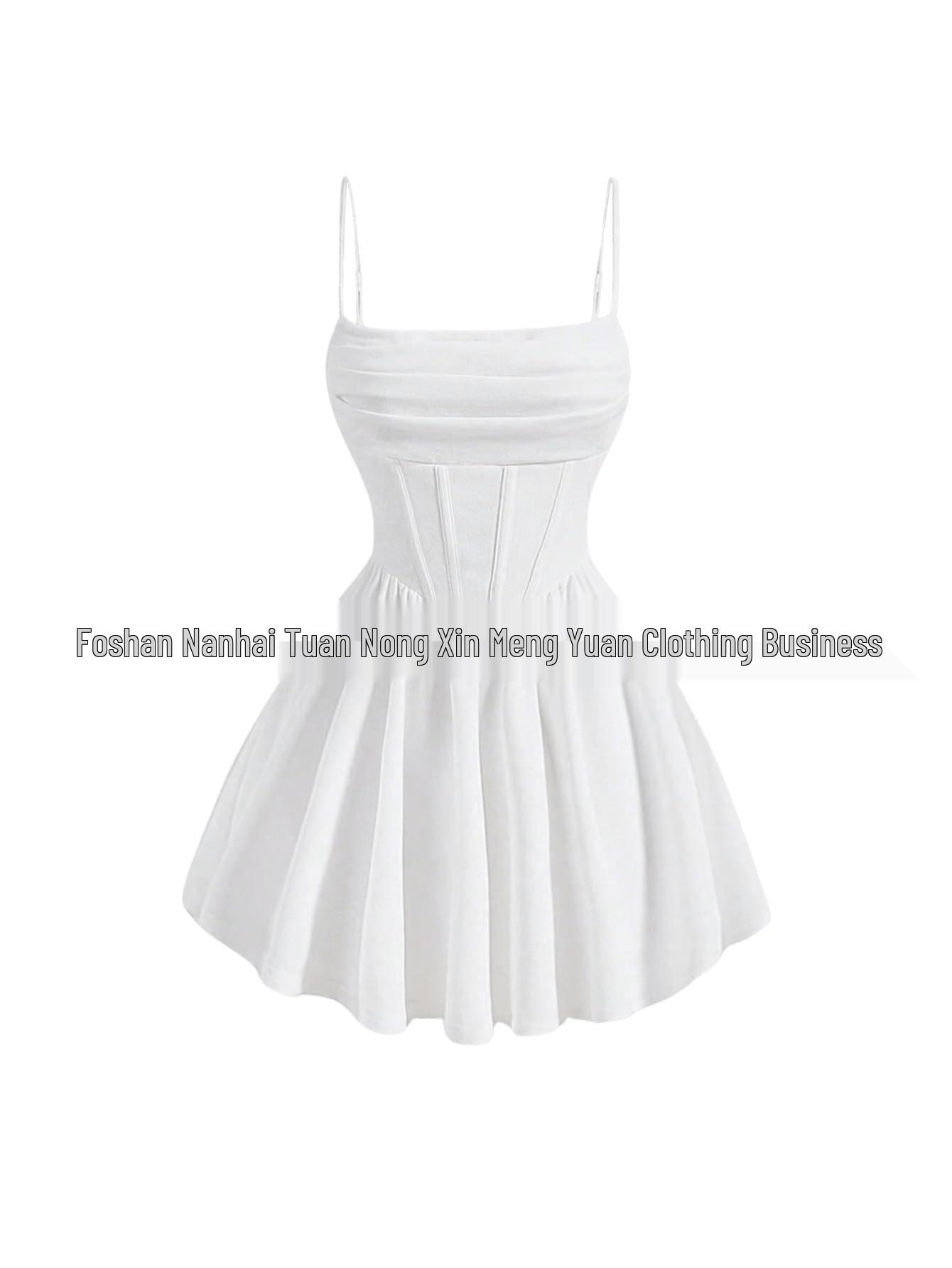 2025 Women s Ruffled Bodice Slim Fit Skating Mini Dress with Thin Straps Extra Small белый