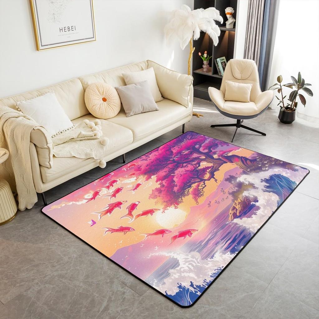 Japanese Samurai & Red Maple Print Area Rug, Non-Slip Floor Mat for Living Room Bedroom, Warrior Design Home Decor Carpet