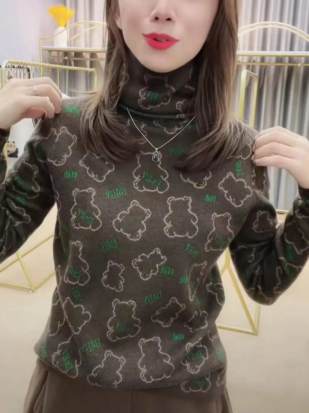 

Женская водолазка, базовая футболка, бархатная утолщенная, осенне-зимняя, в зарубежном стиле, теплая, с длинным рукавом, с принтом медведя, женский топ M