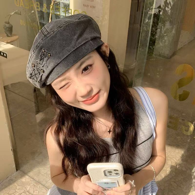 Waschbare Denim-Baskenmütze Damen 2025 Frühling und Sommer neu retro literarisch und vielseitig Persönlichkeit zeigt Gesicht kleine Malermütze