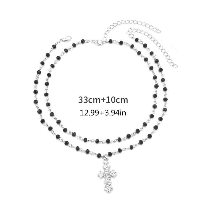 Fashionable Beaded Necklace Moon/Crucifix Pendant Collarbone Chain Elegant Double Layer Neckchain Choker Acccessory